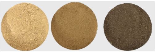 An image of sample of (a) untreated rice husk powder, (b) treated rice husk for 1.0 M of citric acid at 60 minutes and (c) treated rice husk for 1.0 M of hydrochloric acid at 60 minutes