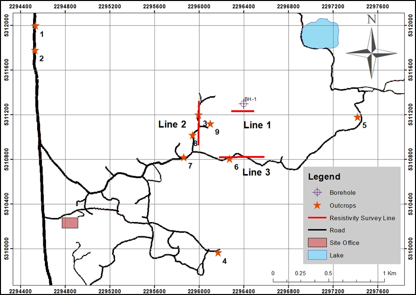 Location map of the research area includes the location of the borehole, outcrop locations and Geo-electrical resistivity survey lines.