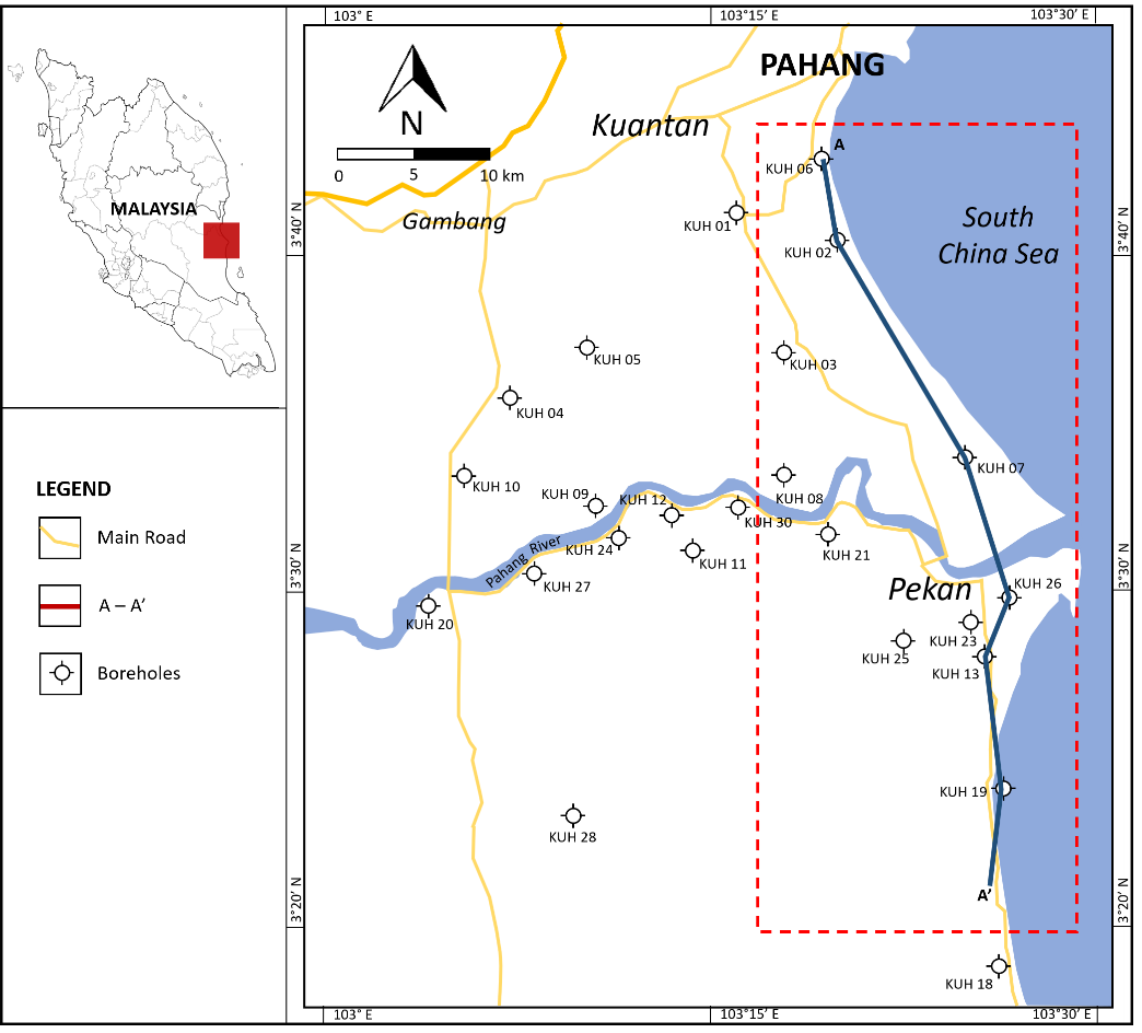 The red box shows the location of the study area which covers the coast of Pekan, Pahang. Whereas, the A -A’ profile represents the well correlation between KUH04, KUH 02, KUH07, KUH26, KUH13 and KUH19.