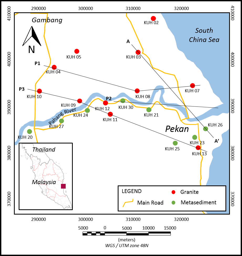 The study area shows the location of boreholes and the type of basement penetrated in Pekan. The red circle represents a granite basement being penetrated while the green circle boreholes penetrated metasediment. Figure also shows location for profiles P1, P2, P3 and A-A’.