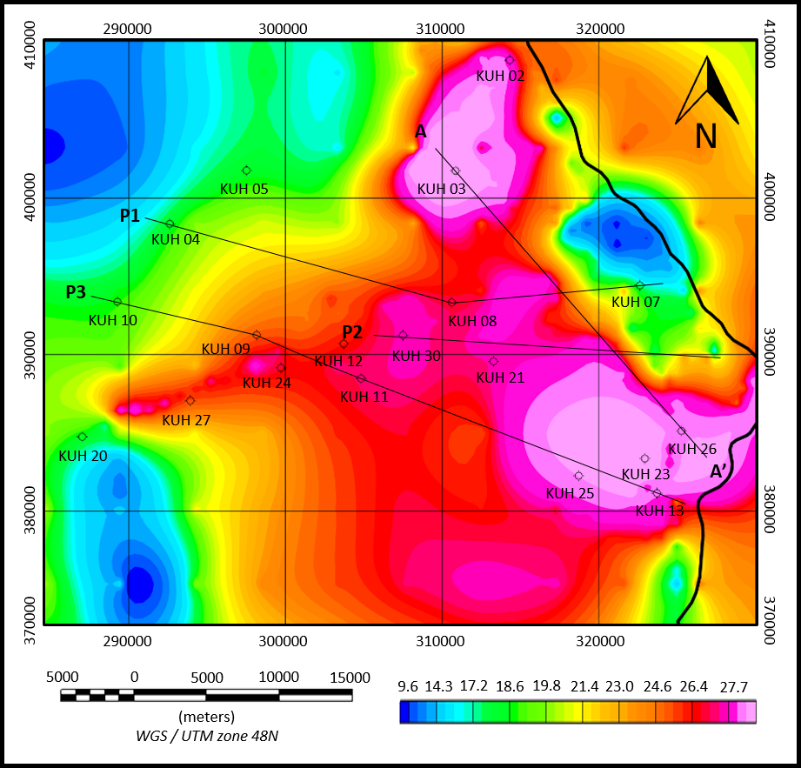 Bouguer gravity anomaly map of Pekan with borehole locations and profiles P1, P2, P3, and A-A’.