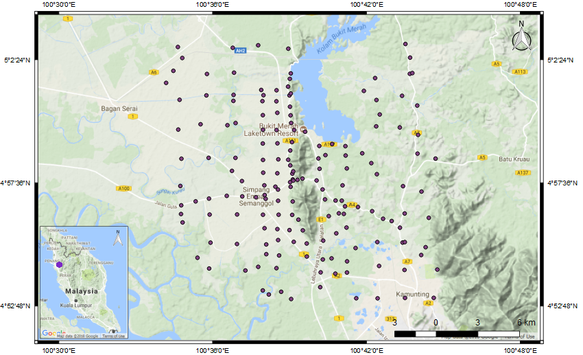 Figure 01. Study Area – Semanggol, Bukit Merah (From Google Map) with gravity stations of this study