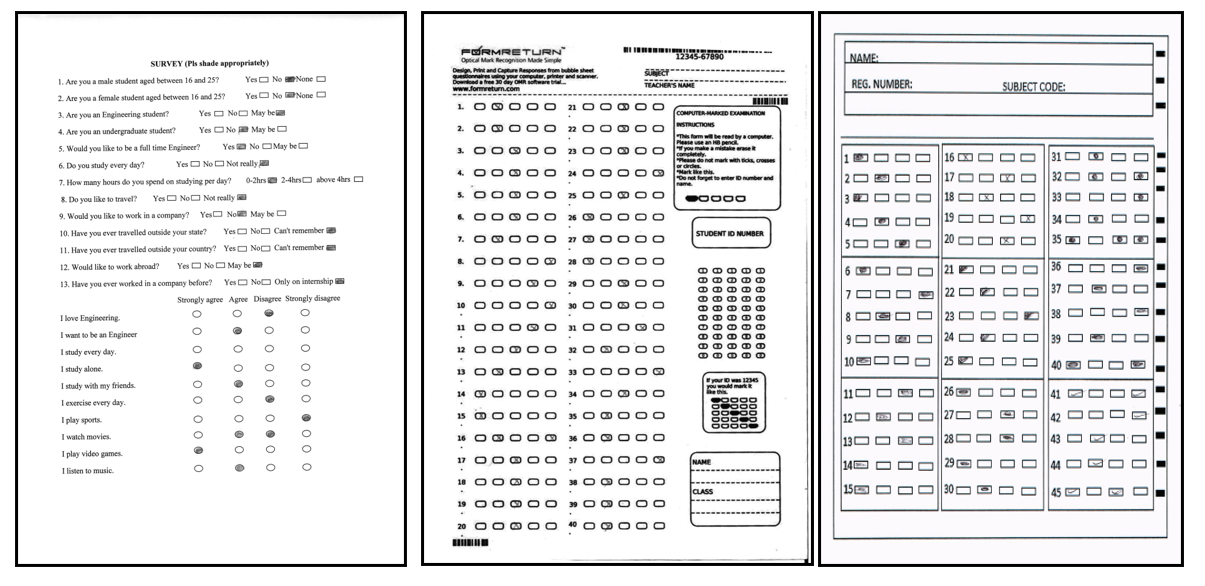 Sample OMR form designs showing (a) & (b) customize OMR (survey & exam) and (c) standard OMR.