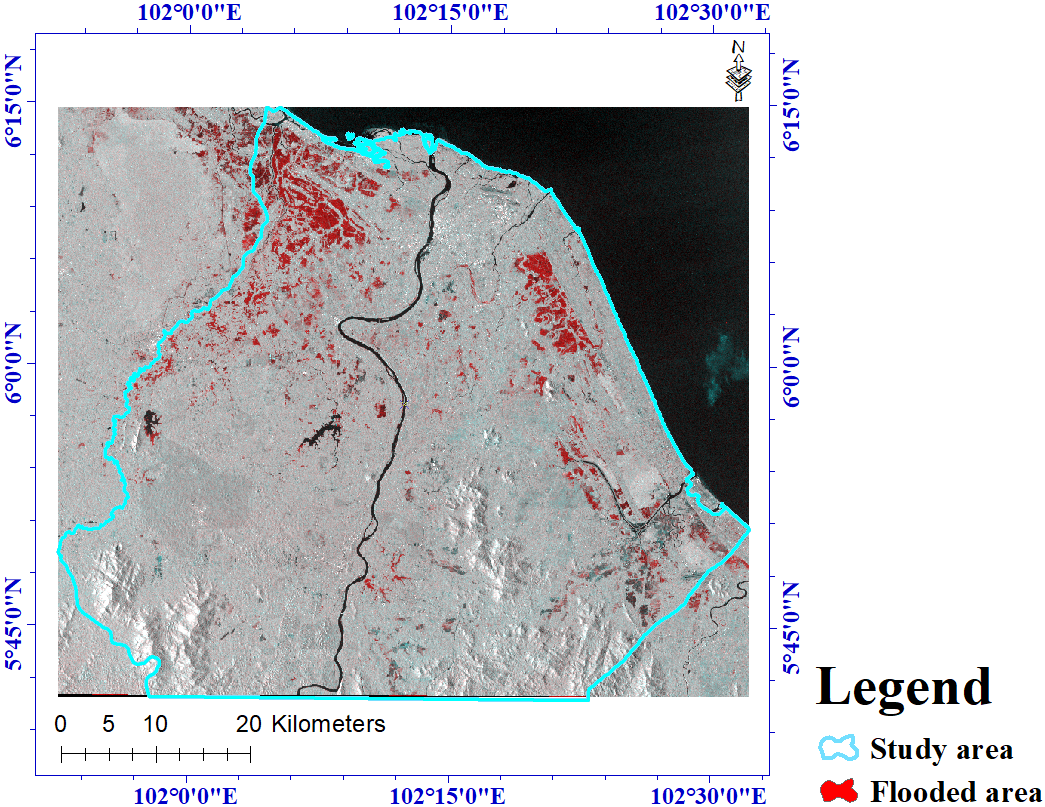 Illustrates flooded area of the study area